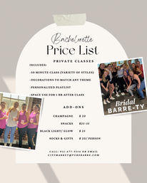 Bachelorette party price list poster for private barre fitness classes on a pastel background, listing a 50-minute class, theme decorations, personalized playlist, one-hour space use, add-ons (champagne, snacks, black light, socks & gifts) with two Polaroid-style photos of women in workout clothes.
