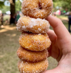 Five bite-sized sugar-coated mini doughnuts stacked on a hand, held up at an outdoor park or fair with blurred trees and people in the background.
