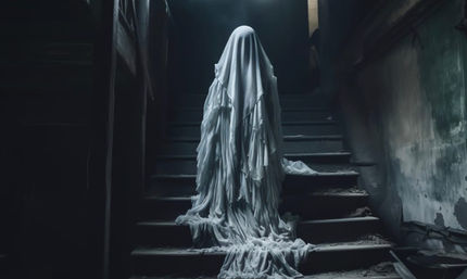 Spooky ghost draped in layered white sheets standing on a dusty abandoned staircase inside a decaying, dimly lit house
