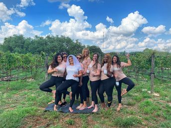 Bachelorette party group photo in a sunny vineyard with the bride in a veil and bridesmaids in matching shirts holding wine bottles and glasses under a bright blue sky with fluffy clouds