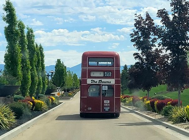 Red vintage double-decker bus on a tree-lined landscaped driveway with colorful shrubs and distant mountains under a blue, partly cloudy sky
