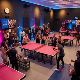 Vibrant indoor event space with pink ping-pong tables, guests playing table tennis and sipping cocktails under string lights and a colorful balloon arch.