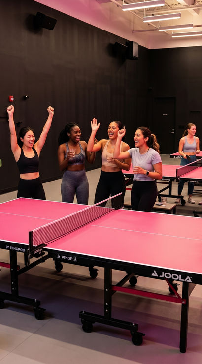Group of women cheering and laughing around bright pink ping-pong tables in a modern indoor table tennis studio, holding paddles and drinks during a social ping-pong event.