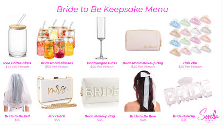 Bride-to-be keepsake menu of bridal party gift ideas for bachelorette or shower: iced coffee jar with straw, mason bridesmaid glasses, champagne flute, blush makeup pouches, pastel iridescent hair clips, veil, "Mrs." clutch, and ribbon hair bow.