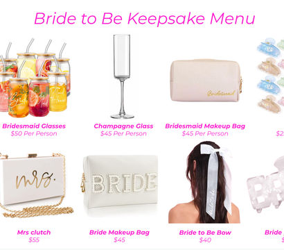 Bride-to-be keepsake menu of bridal party gift ideas for bachelorette or shower: iced coffee jar with straw, mason bridesmaid glasses, champagne flute, blush makeup pouches, pastel iridescent hair clips, veil, "Mrs." clutch, and ribbon hair bow.
