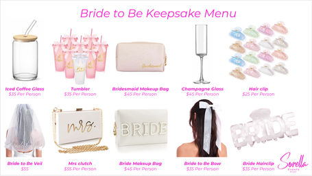 Bridal keepsake menu layout showing bridal shower and bachelorette favor ideas: iced coffee jar, pink ‘I do’ tumblers, bridesmaid makeup bag, champagne flute, pastel hair clips, veil, “Mrs.” clutch, bride makeup bag, ‘Bride to Be’ ribbon bow and “BRIDE” hair clip with price labels.