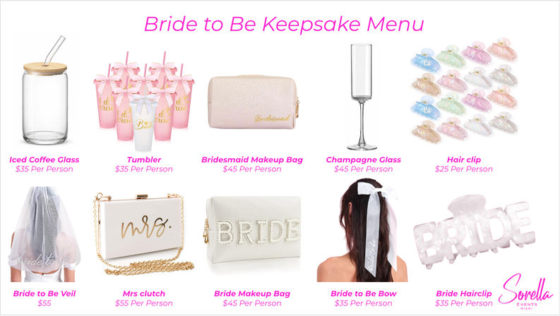 Bridal keepsake menu layout showing bridal shower and bachelorette favor ideas: iced coffee jar, pink ‘I do’ tumblers, bridesmaid makeup bag, champagne flute, pastel hair clips, veil, “Mrs.” clutch, bride makeup bag, ‘Bride to Be’ ribbon bow and “BRIDE” hair clip with price labels.