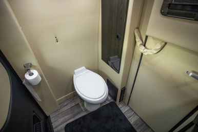 Cozy compact RV bathroom interior with a white toilet, wall-mounted toilet paper holder, wood-look vinyl floor and black bath mat in a beige camper restroom.