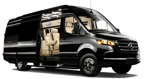 Black luxury Mercedes Sprinter passenger van with open sliding door revealing illuminated beige leather captain seats — ideal executive airport shuttle or private transfer