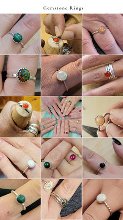 Collage of handmade silver gemstone rings: close-up shots of malachite, opal, carnelian and colorful cabochons on fingers and in an artisan studio.