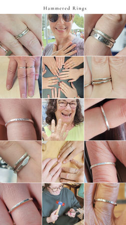Collage of handmade hammered silver rings: close-up shots of textured simple bands on different hands and fingers, group palm photo and smiling people at a local outdoor craft fair showcasing artisan jewelry.