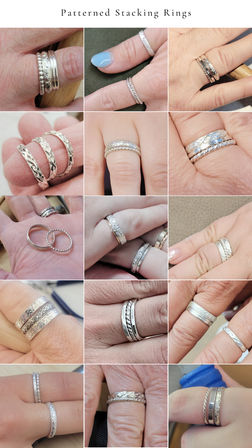 Collage of close-up shots of patterned silver stacking rings on fingers and in hand — braided, beaded, hammered and floral textured bands, jewelry display.