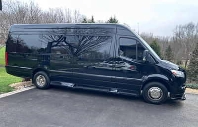 Sleek black high-roof passenger van parked diagonally on a suburban driveway, shiny windows reflecting leafless trees and lawn under an overcast sky