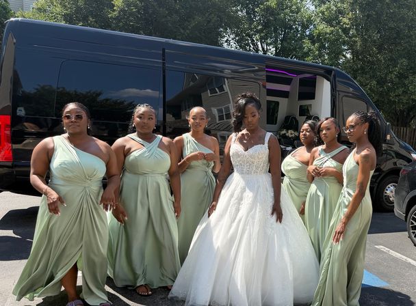Bride in a sparkling white ball gown with six bridesmaids in sage green dresses posing outside beside a black shuttle van on a sunny day