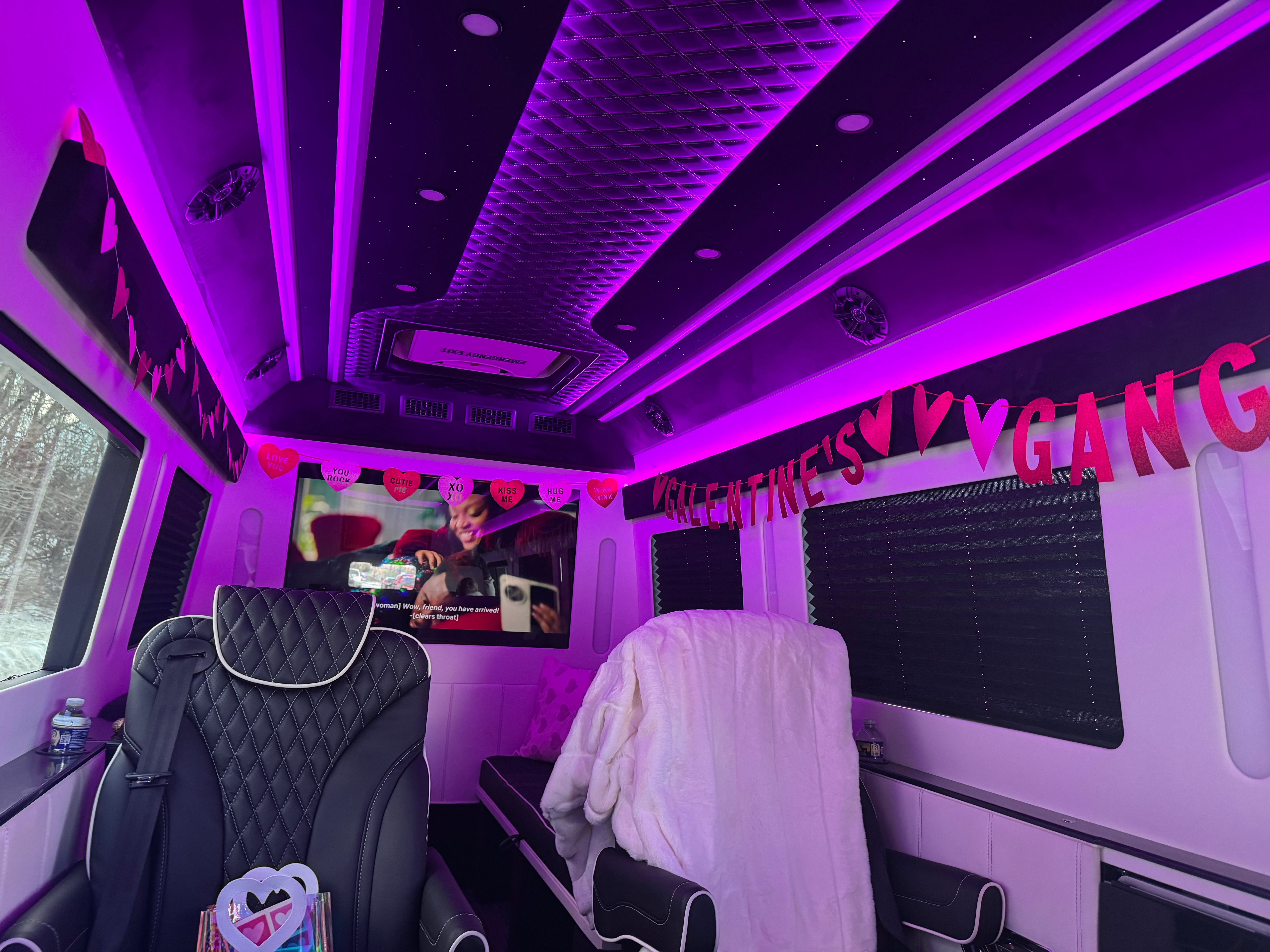 Luxury party van interior lit in purple LED, quilted leather captain's chair, plush bench with white blanket, wall-mounted TV playing a movie, Valentine's heart garlands strung across windows, snowy woods visible outside.