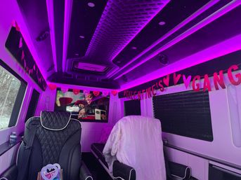 Luxury party van interior lit in purple LED, quilted leather captain's chair, plush bench with white blanket, wall-mounted TV playing a movie, Valentine's heart garlands strung across windows, snowy woods visible outside.