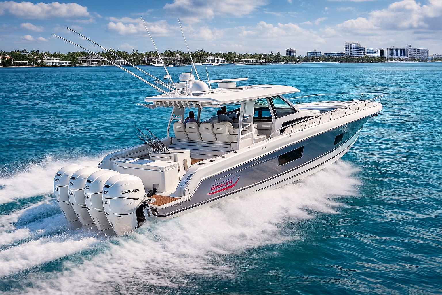 Sleek white powerboat roaring across turquoise tropical water, four outboard engines churning a foamy wake past a palm-lined shoreline and distant beachfront skyline under a sunny sky.