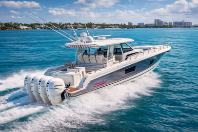 Sleek white powerboat roaring across turquoise tropical water, four outboard engines churning a foamy wake past a palm-lined shoreline and distant beachfront skyline under a sunny sky.