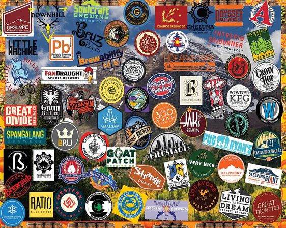 Vibrant collage of craft beer and brewery logos and stickers layered over a Rocky Mountain backdrop, featuring circular and rectangular labels, hop and beer imagery — a playful Colorado craft beer theme.