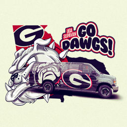 Bold graphic of a snarling University of Georgia bulldog mascot, a red-and-black wrapped van with the Georgia "G" logo, and a playful "Go Dawgs!" slogan over a Georgia state silhouette