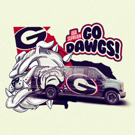 Bold graphic of a snarling University of Georgia bulldog mascot, a red-and-black wrapped van with the Georgia "G" logo, and a playful "Go Dawgs!" slogan over a Georgia state silhouette