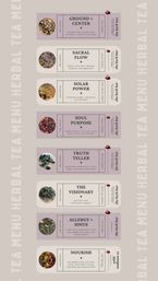 Vertical pastel herbal tea menu banner showing eight chakra-inspired loose-leaf blends with circular photos and short ingredient notes (Ground + Center, Sacral Flow, Solar Power, Soul Purpose, Truth Teller, The Visionary, Allergy + Sinus, Nourish), decorative side text reading "HERBAL TEA MENU" — wellness shop aesthetic.