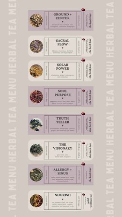 Vertical pastel herbal tea menu banner showing eight chakra-inspired loose-leaf blends with circular photos and short ingredient notes (Ground + Center, Sacral Flow, Solar Power, Soul Purpose, Truth Teller, The Visionary, Allergy + Sinus, Nourish), decorative side text reading "HERBAL TEA MENU" — wellness shop aesthetic.