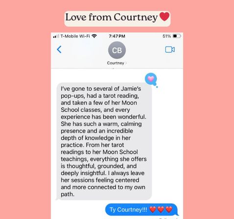 iPhone text-message screenshot on a pink background showing a positive testimonial about tarot readings and classes, praising a warm, calming, insightful practitioner, with heart emojis.