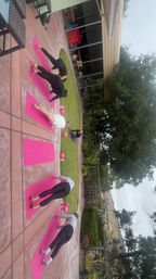 Group outdoor yoga on bright pink mats on a backyard patio beside a grassy lawn and large oak tree, participants in plank/forward-fold poses with an instructor and rolling hills visible beyond.