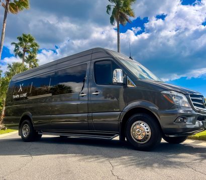 Dark gray luxury passenger van with chrome wheels parked on a palm‑lined Florida street under a bright blue, partly cloudy sky.