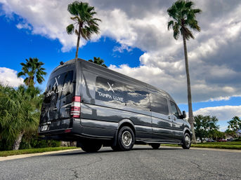 Sleek black luxury shuttle van on a palm-lined Tampa street under a dramatic blue sky with puffy clouds