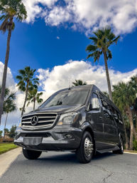 Low-angle shot of a sleek charcoal Mercedes Sprinter van parked on a palm-lined road beneath a bright blue sky and fluffy clouds.
