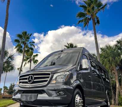Low-angle shot of a sleek charcoal Mercedes Sprinter van parked on a palm-lined road beneath a bright blue sky and fluffy clouds.