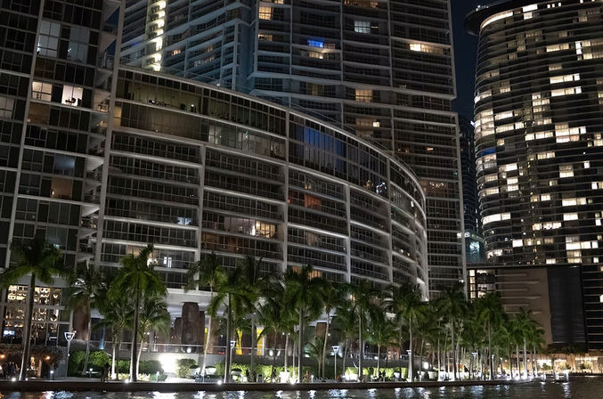 Nighttime waterfront scene of illuminated curved glass high-rise buildings with a row of lit palm trees and their reflections in the water, city lights glowing from apartment windows.