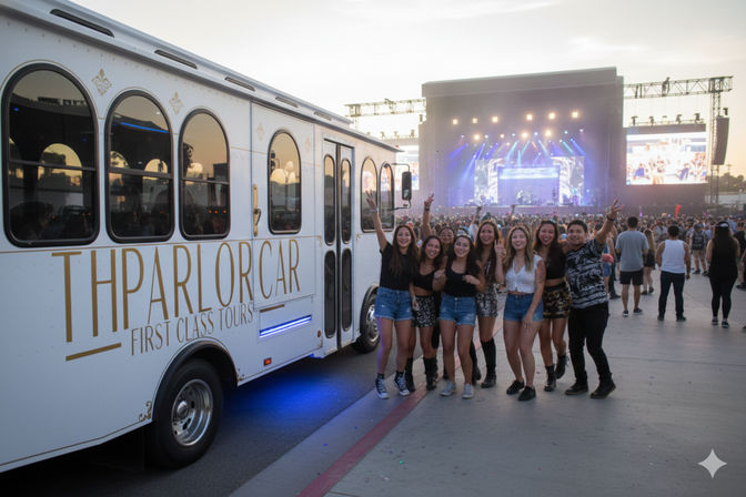 Group of smiling friends posing by a white party trolley on festival grounds with a large illuminated concert stage and crowd in the background at sunset