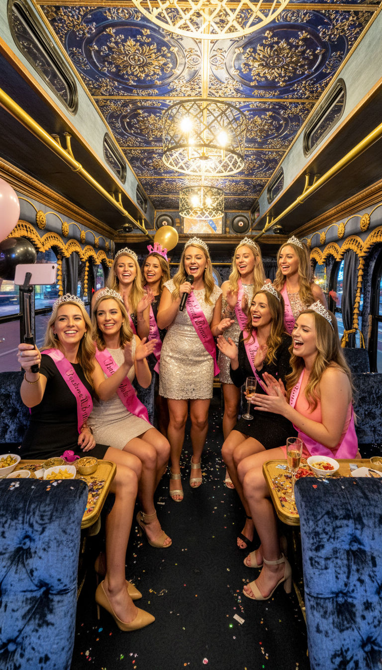 Bachelorette party on a luxury party bus — smiling women in tiaras and pink sashes singing karaoke, taking selfies amid confetti, drinks and snacks under an ornate blue-and-gold ceiling.