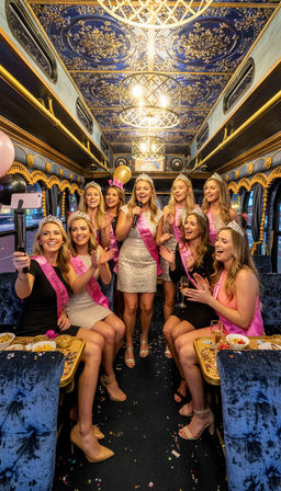 Bachelorette party on a luxury party bus — smiling women in tiaras and pink sashes singing karaoke, taking selfies amid confetti, drinks and snacks under an ornate blue-and-gold ceiling.