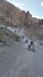 Group of ATV riders on a dusty desert canyon dirt trail, quads kicking up clouds of dust beneath towering rocky cliffs — off‑road adventure in a rugged arid landscape.