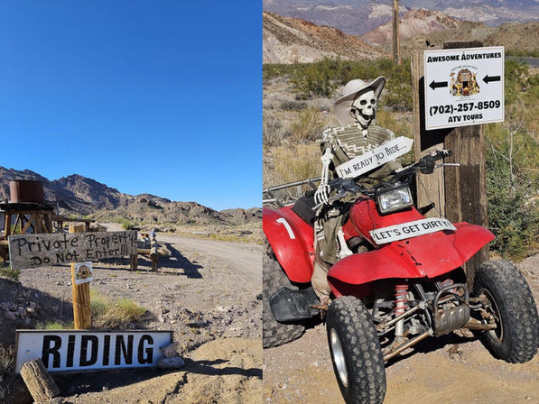 Red ATV with a skeleton rider in a sombrero posed by an off‑road tour sign on a sunny desert dirt road with rocky mountains and rustic 'Private Property' and 'Riding' signs.