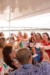 Group of friends toasting with drinks on a sunny pontoon boat by a waterfront bridge — lively summer boat party on the water