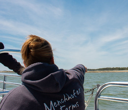Person in a dark hoodie pointing toward a sandy shoreline during a sunny boat ride on calm coastal bay waters under a blue sky.