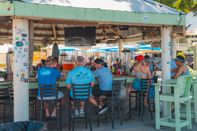 Sunny waterfront outdoor beach bar with patrons in summer clothes seated on stools at a tiki-style counter, colorful umbrellas and drinks, casual summer vibes.
