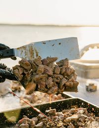 Sizzling grilled steak bites on a metal spatula, juices dripping onto a hot griddle during a sunny waterfront cookout.