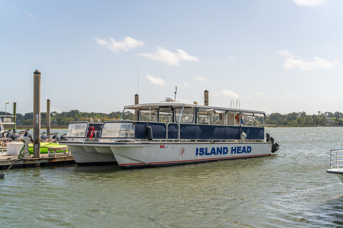 Sunny coastal marina with a white-and-blue double-hull passenger ferry docked at the pier, calm green water and tree-lined shoreline in the background.