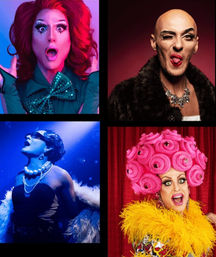 Collage of four colorful drag performer portraits: top-left a red-wigged performer with a sequined green bow and surprised expression; top-right a bald performer winking and sticking out their tongue in a fur coat and statement necklace; bottom-left a blue-lit singer in a strapless dress, pearls and feather boa on stage; bottom-right a performer in a bright pink rose-like wig and yellow feather boa in front of a red curtain — lively cabaret stage images.