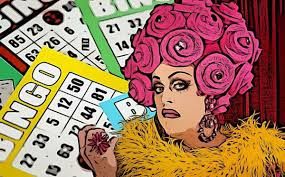 Vibrant pop-art illustration of a drag performer wearing a pink rose headpiece and yellow feather boa, holding a bingo dauber with bingo cards in the background