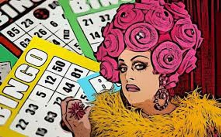 Retro pop-art illustration of a drag performer with a pink rose wig and yellow feather boa holding a bingo dauber in front of colorful bingo cards — playful bingo night cabaret vibe.