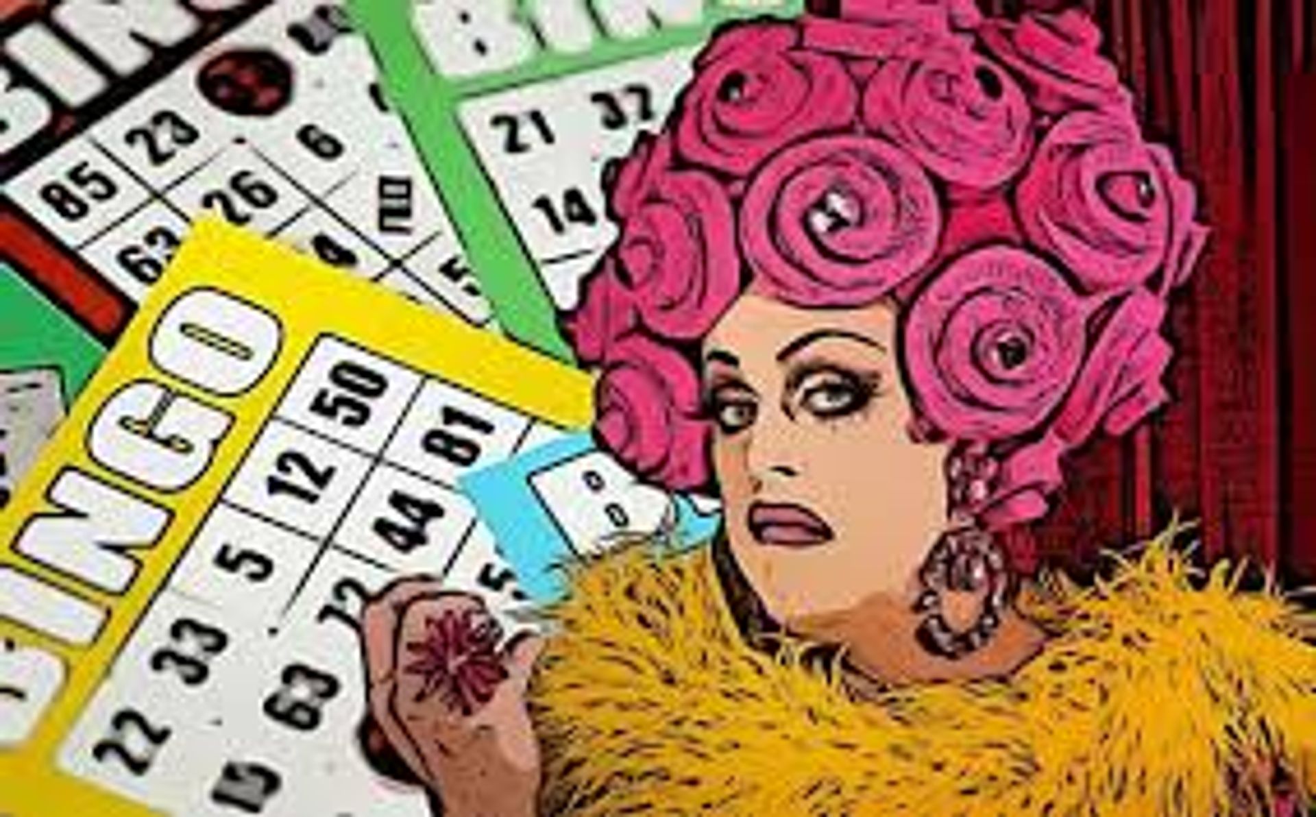 Vibrant pop-art illustration of a drag performer wearing a pink rose headpiece and yellow feather boa, holding a bingo dauber with bingo cards in the background