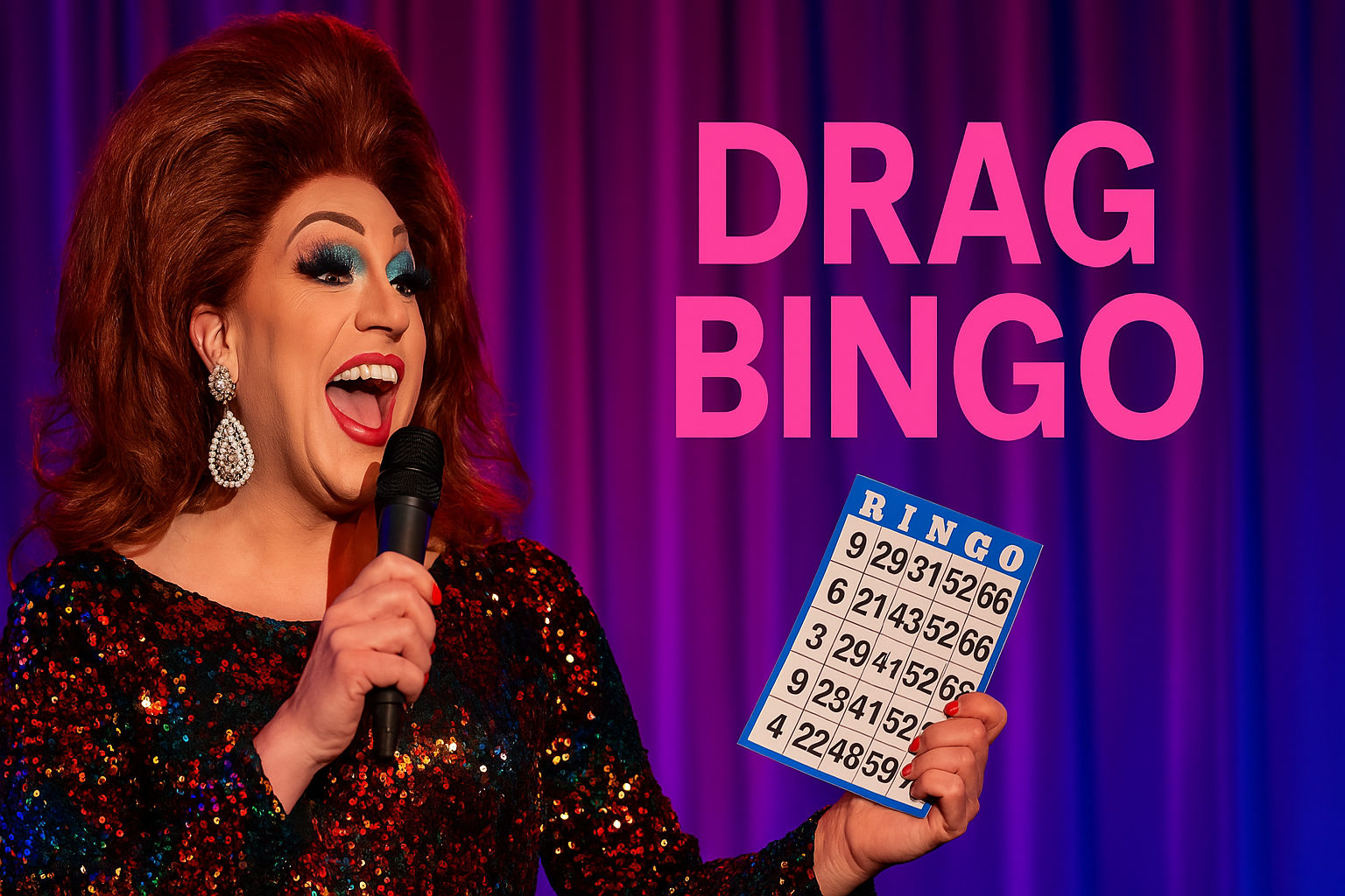 Drag performer in a sparkling sequin dress, big red wig and dramatic makeup holding a microphone and a bingo card on a purple-curtained stage beneath bold pink "DRAG BINGO" text.