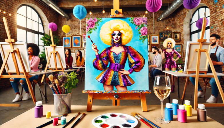 Vibrant paint-and-sip in a brick-walled urban loft — easels, brushes, palette and wine glass in foreground, with a colorful glittery drag-performer portrait on the central easel.